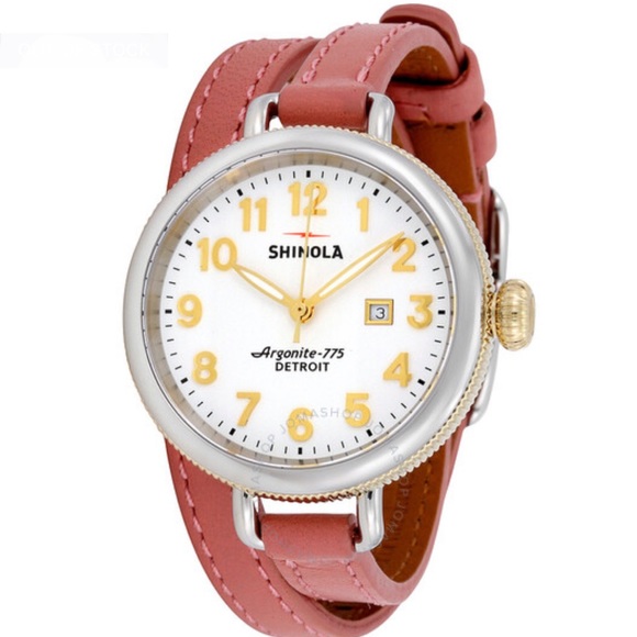 Shinola Accessories - White dial watch with pink leather double wrap strap.